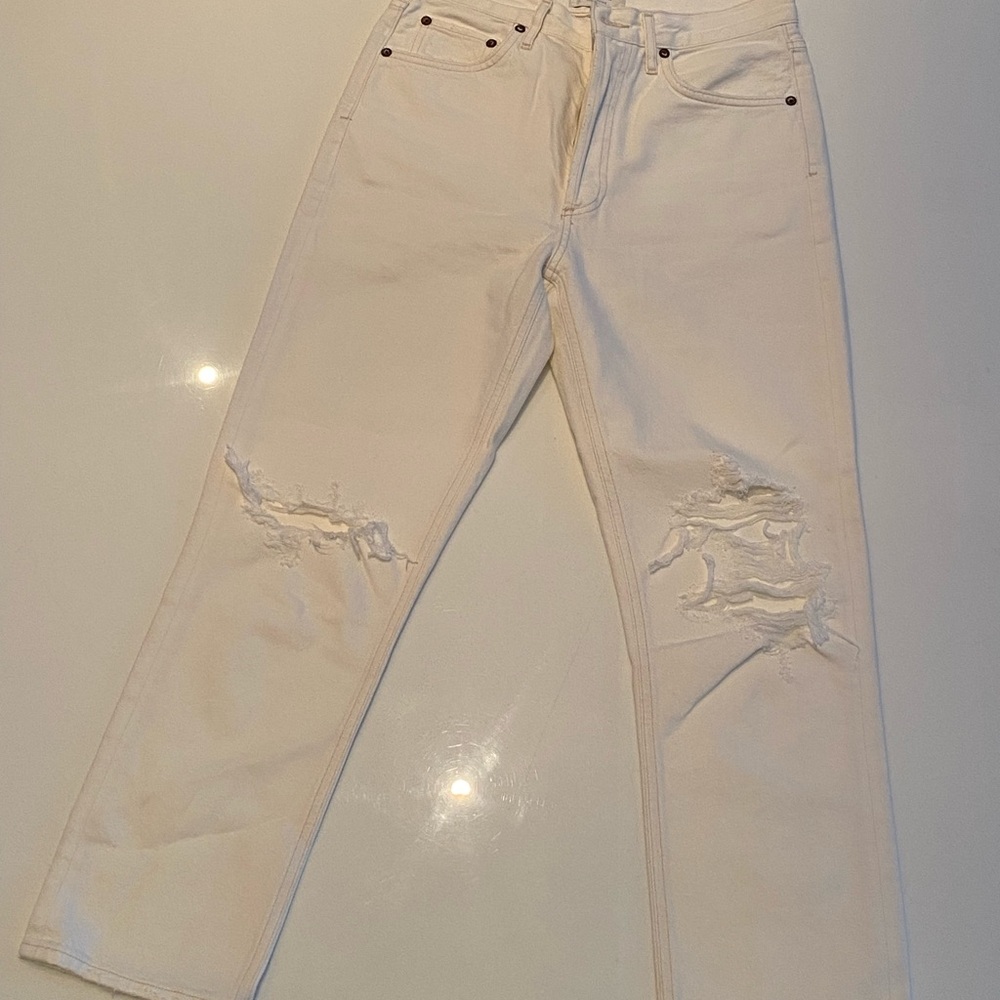 Agolde Cream Distressed Straight Jeans